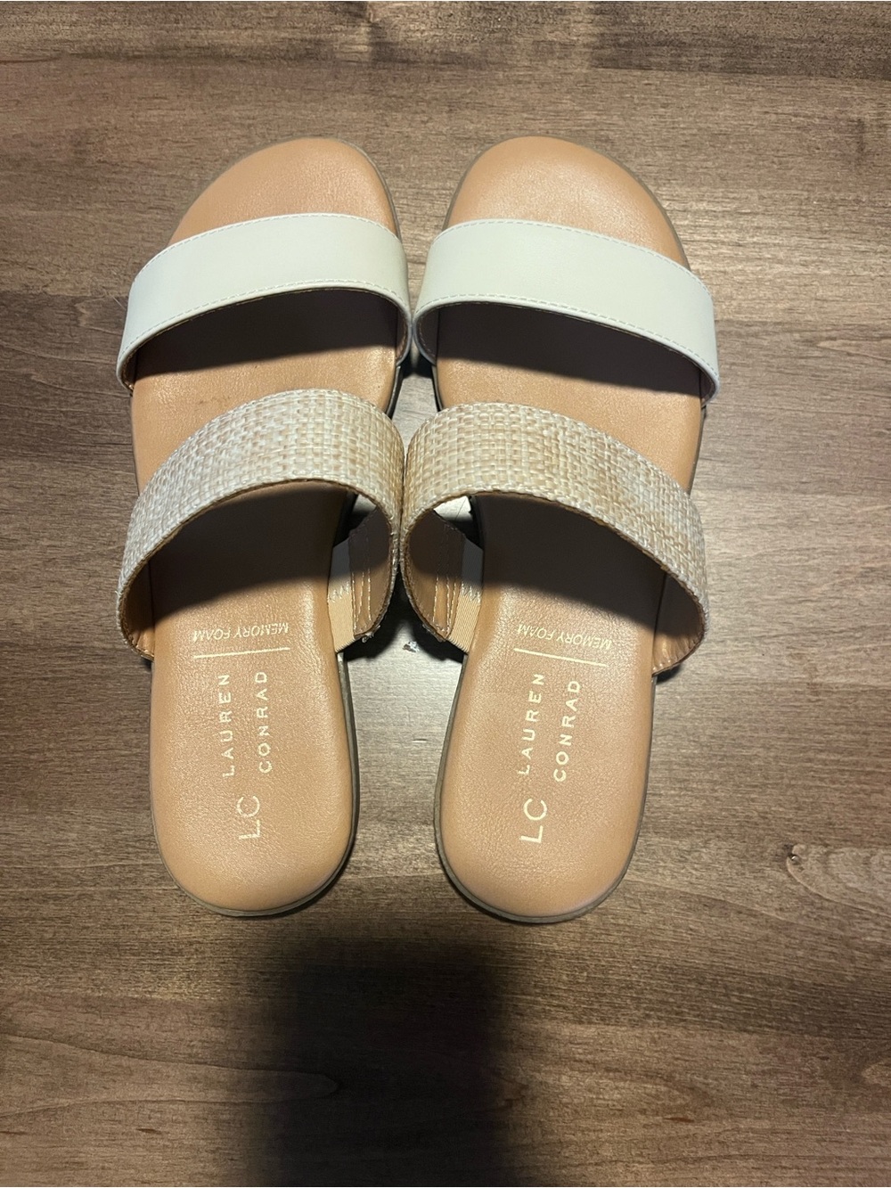 LC Lauren Conrad Cream and Tan Two-Band Slide Sandals